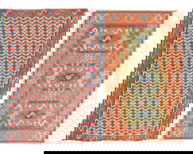Two vintage rugs: Two vintage rugs 20th century Two works: An Indo-Caucasian polychrome Kelim flat-weave wool rug in reds, blues, and cream with all-over stylized insect motif to central field and floral borders