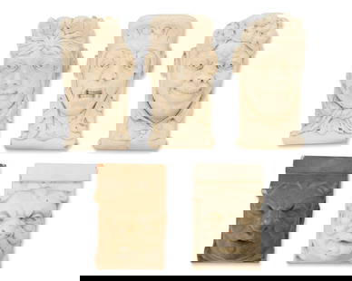 A group of ceramic corbel busts: A group of ceramic corbel busts 1978 and 1979 Three marked: Wooden Nickel © '78; two incised: '79 Kennedy The terracotta architectural corbels, comprising three larger and two smaller, each