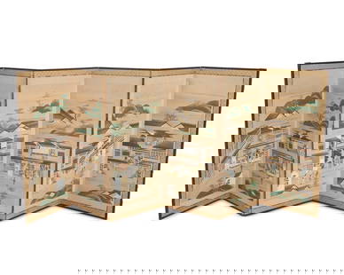 A Japanese six-panel byobu screen: A Japanese six-panel byobu screen 20th century Unsigned The painted and gilt rice paper screen in a wood frame, each panel depicting domestic scenes, home vignettes, and figures strolling about town,