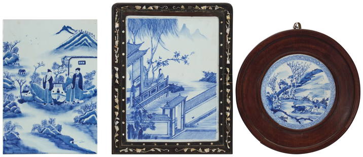 Three Chinese blue and white porcelain plaques: Three Chinese blue and white porcelain plaques 20th century Each unmarked Comprising one circular depicting a figure with an ox fording a river set in a wood frame, one unframed depicting three