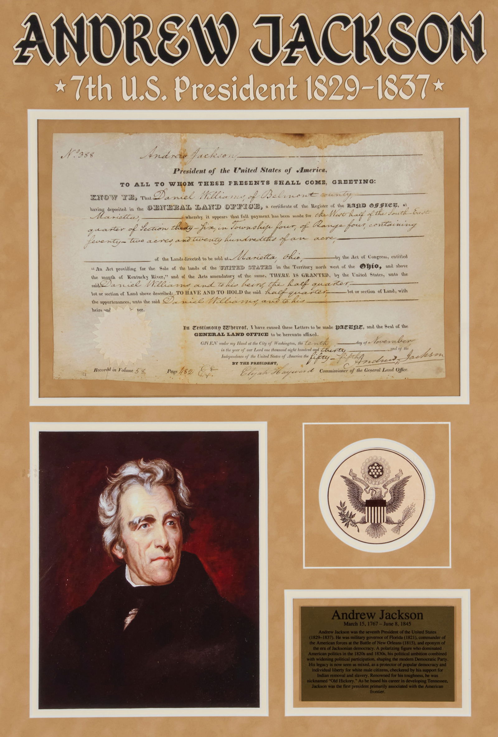 A framed land grant signed by President Andrew Jackson (1 of 7)