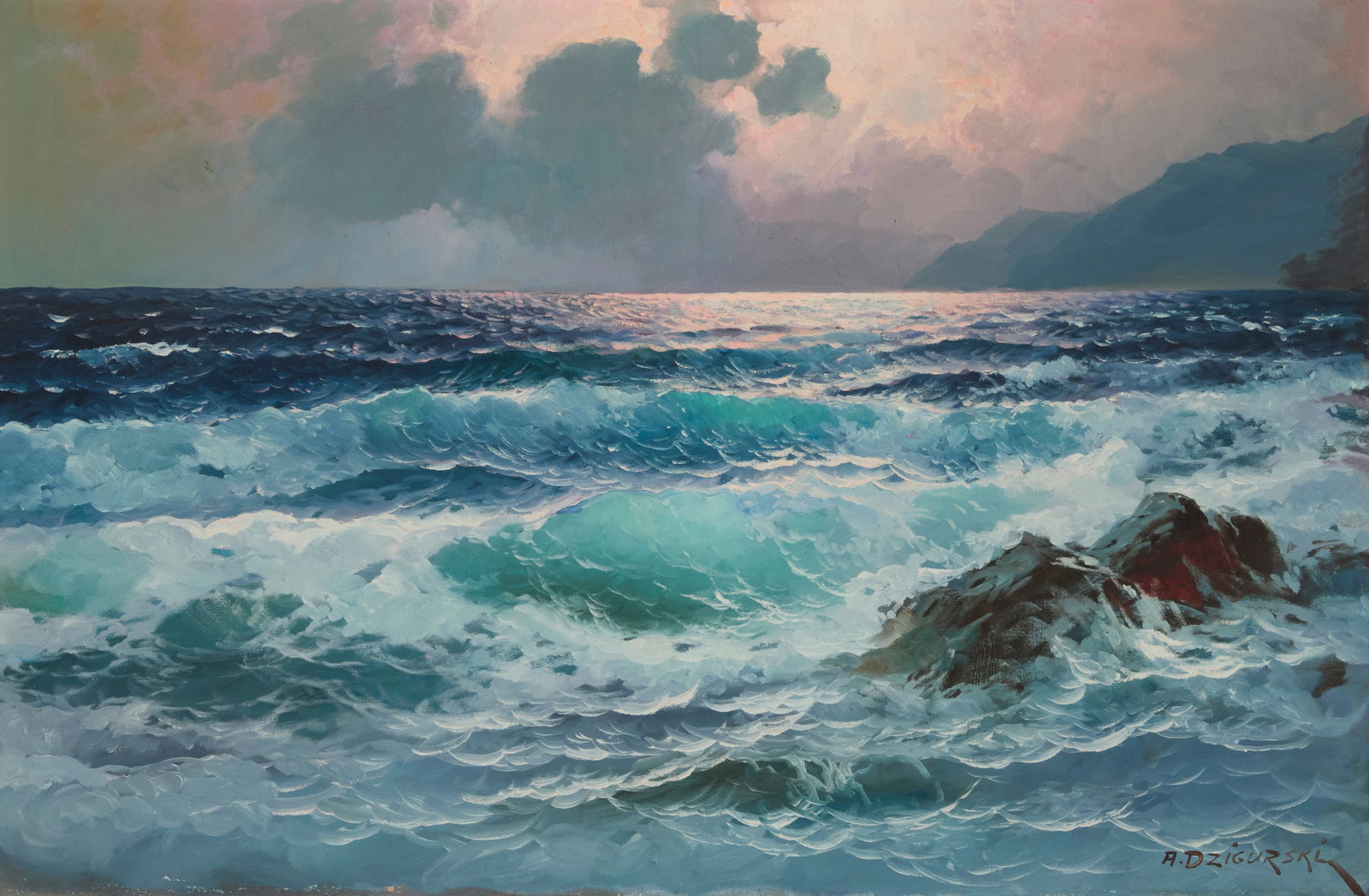 Alexander Dzigurski (1911-1995), "California Sunset Seascape": Alexander Dzigurski(1911-1995)"California Sunset Seascape"Oil on canvasSigned lower right: A. Dzigurski; with the artist's copyright stamp verso: "Prof. Alex Dzigurski / American Marine