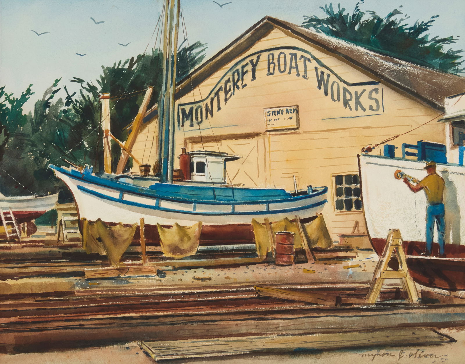 Myron J. Oliver (1923-2009), "Monterey Boat Works": Myron J. Oliver(1923-2009)"Monterey Boat Works"Watercolor on paperSigned lower right: Myron J. Oliver; titled on a label affixed to the frame's backing paperSight: 15.125" H x 19.125&qu
