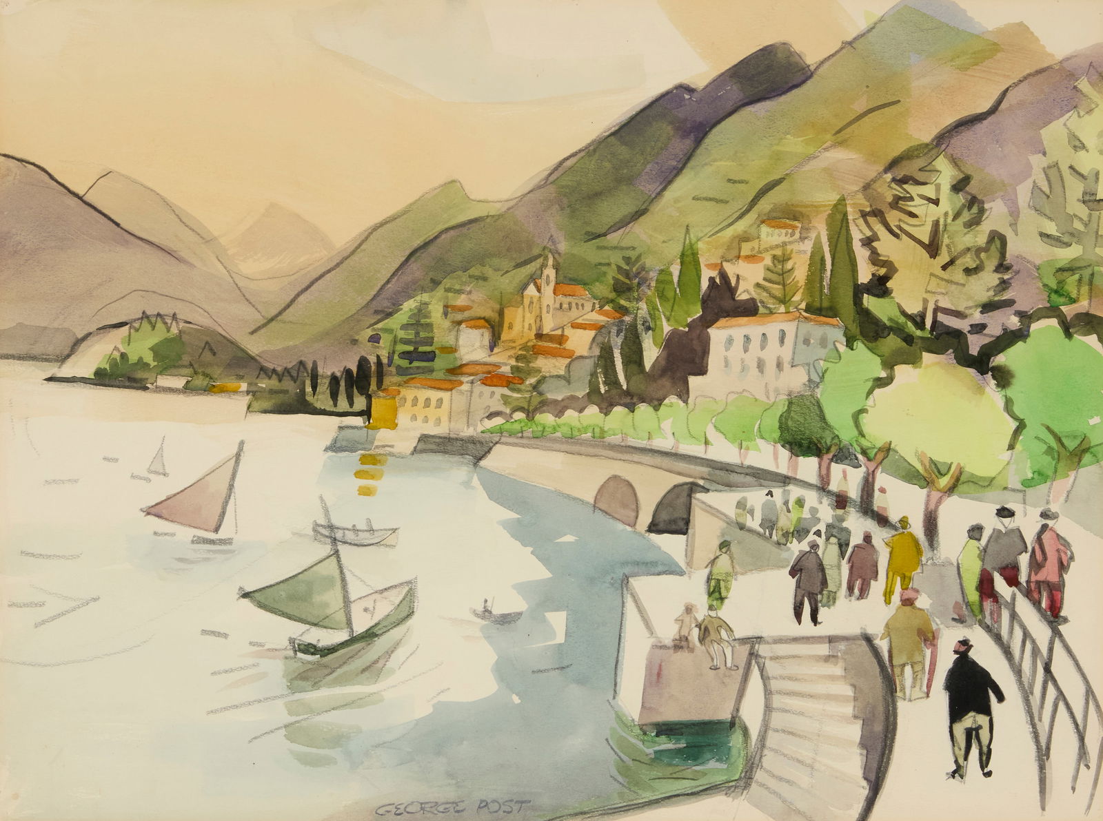 George Post (1906-1997), Lakeside view with figures, boats, and mountains (1 of 6)