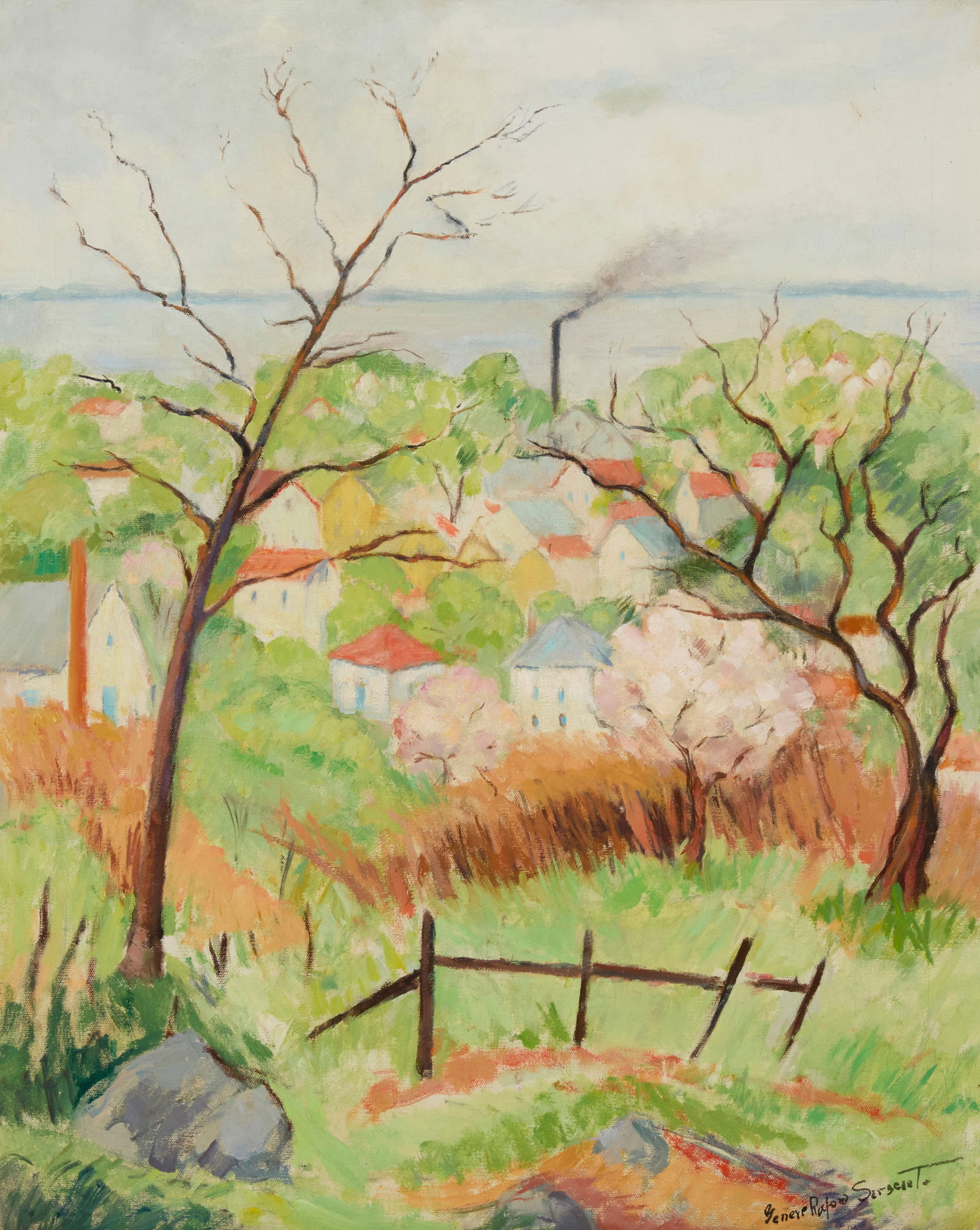 Geneve Rixford Sargeant (1868-1957), "Above Cannery Row": Geneve Rixford Sargeant(1868-1957)"Above Cannery Row"Oil on canvasSigned lower right: Geneve Rixford Sargeant; signed again, possibly in another hand, on the upper stretcher bar; titled on a