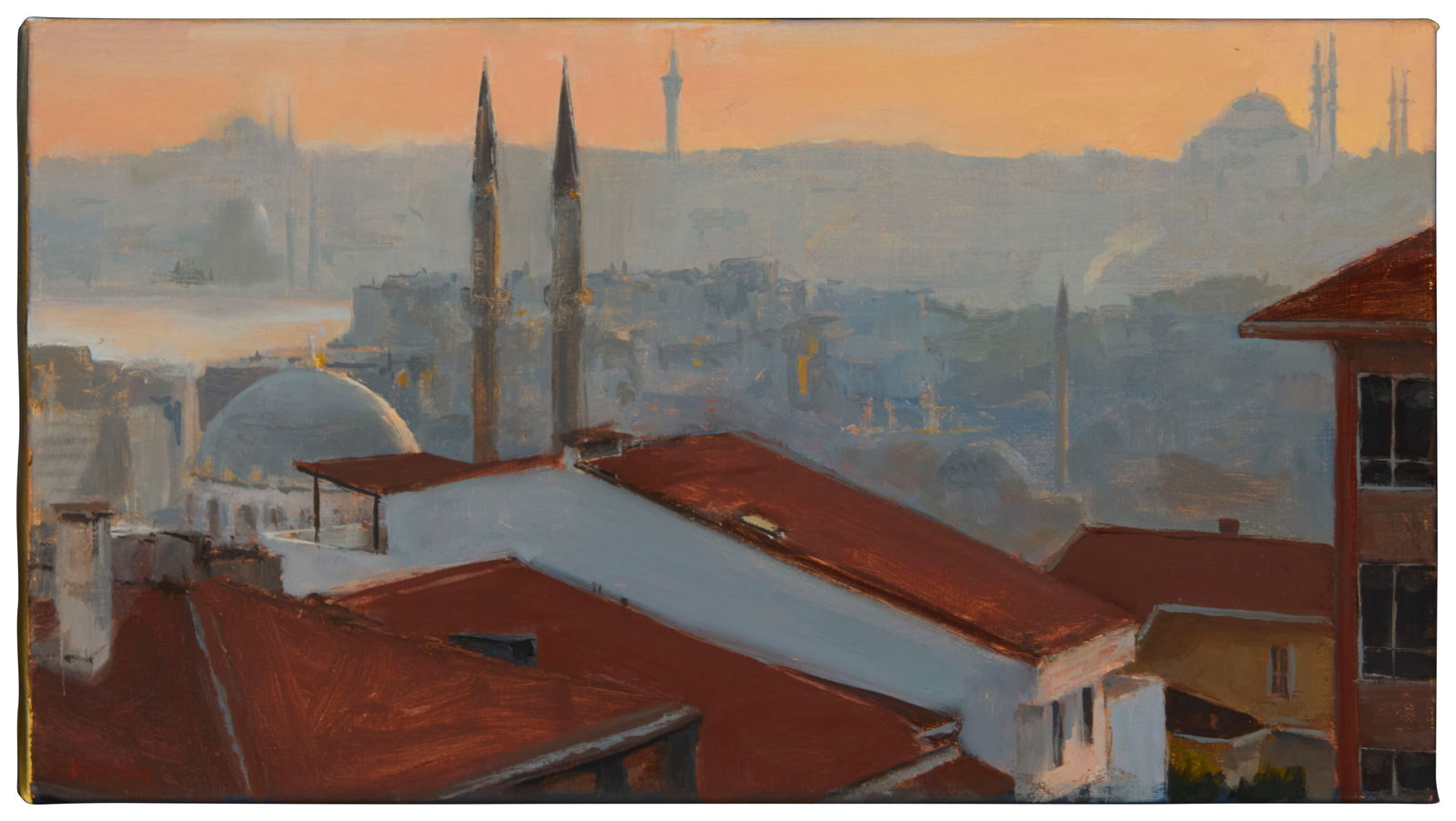 Kenny Harris (b. 1974), "Rooftops," 2009: Kenny Harris(b. 1974)"Rooftops," 2009Oil on canvasInitialed and dated lower left: K.H. '09; titled on a gallery label affixed verso6" H x 10.75" W Provenance:Koplin Del Rio,