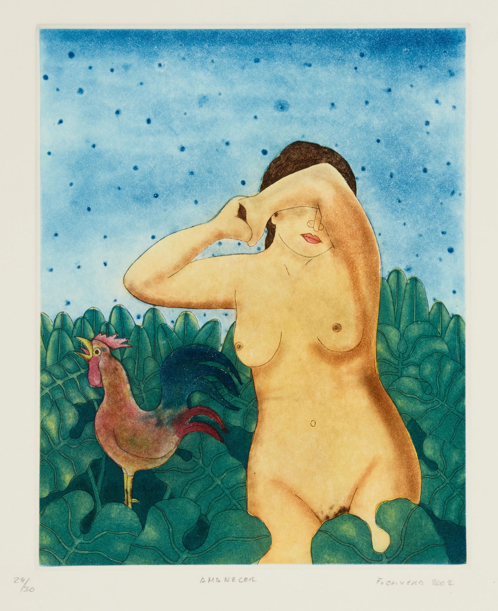 Fernando Olivera (1962-2018), "Amanecer," 2002: Fernando Olivera(1962-2018)"Amanecer," 2002Etching in colors on wove paperEdition: 29/30Signed, titled, dated, and numbered in pencil in the lower margin: F. Olivera; an unidentified waterma