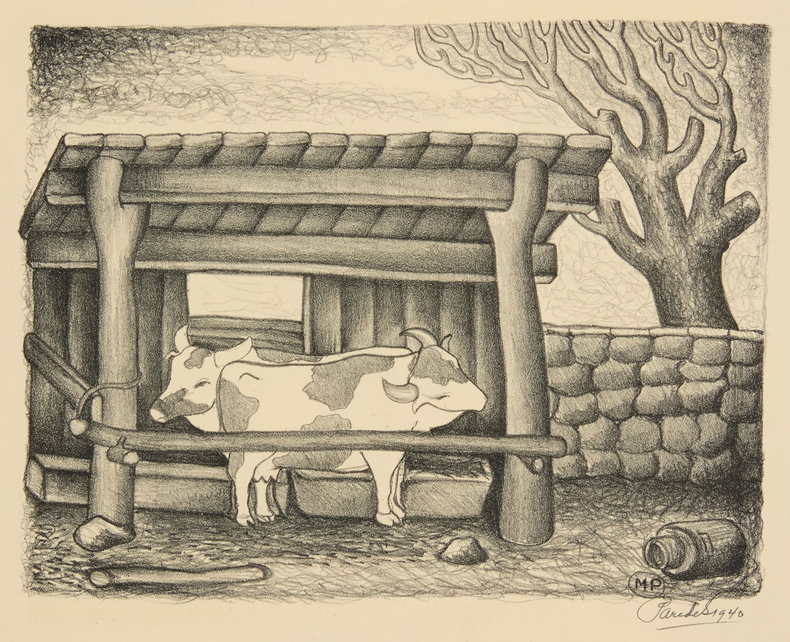 Mariano Paredes (1912-1980), Bulls in a corral, 1940: Mariano Paredes(1912-1980)Bulls in a corral, 1940Lithograph on cream wove paperSigned and dated in ink in the lower margin, at right: Paredes 1940Image: 9" H x 11.625" W; Sheet: 11.625"