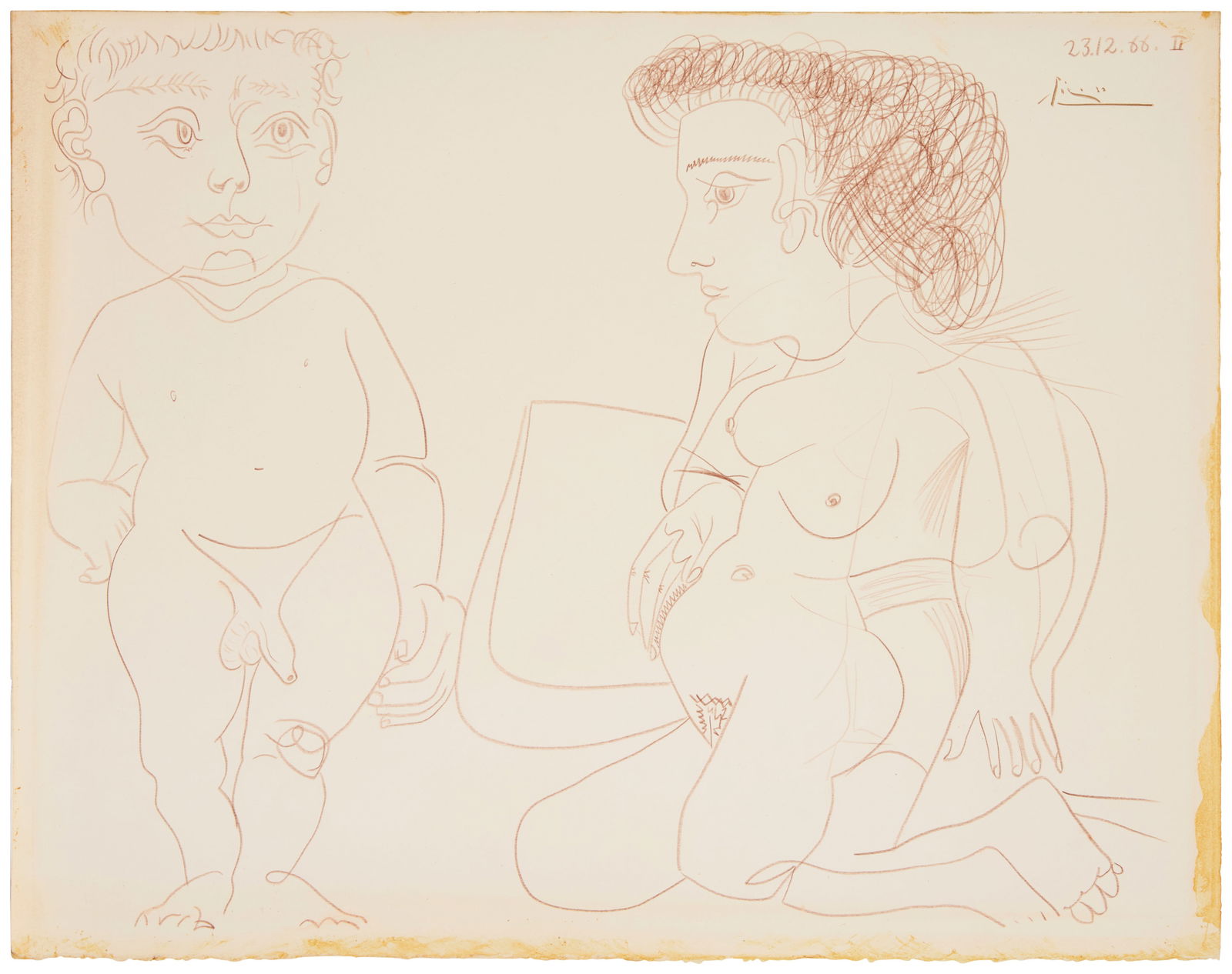 In the Manner of Pablo Picasso (1881-1973), Nude woman and child in an interior, 20th century: In the Manner of Pablo Picasso(1881-1973)Nude woman and child in an interior, 20th centuryConte crayon on Arches paperBears signature, date, and number, all presumably in another hand, in the upper ri