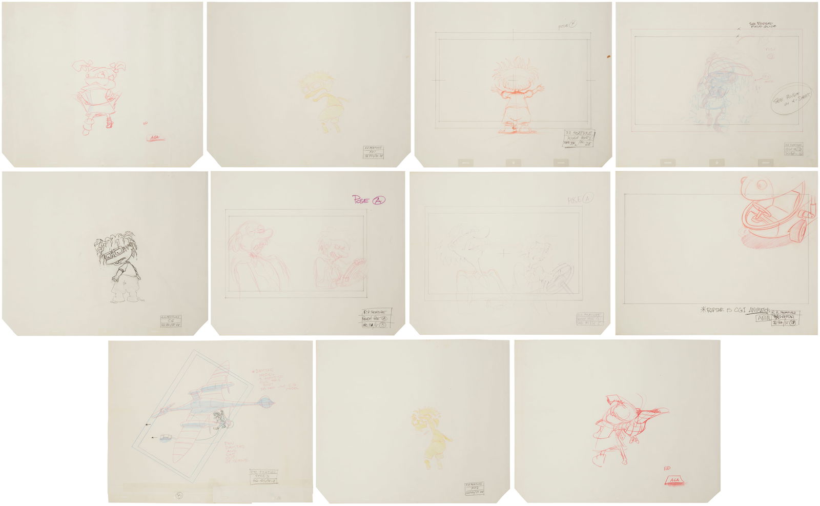 A set of Nickelodeon Animation Studio animation roughs for "The Rugrats Movie," circa 1998, Pencil: A set of Nickelodeon Animation Studio animation roughs for "The Rugrats Movie," circa 1998Eleven works:Rugrats charactersEach: Various colored pencils and ink on paperEach: UnsignedEach shee