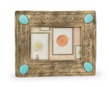 A Southwest-style silver and set stone picture frame, Late 20th/21st century