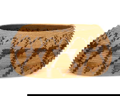 A polychrome California Mission pictorial basket: A polychrome California Mission pictorial basket Early 20th century; Southern California A large coiled oval bowl with a wide band of multicolored stylized floral/faunal motifs to sides 5" H x