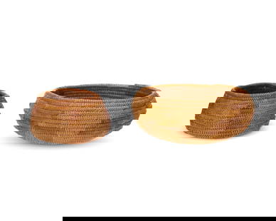 Two small polychrome California Mission baskets: Two small polychrome California Mission baskets Early 20th century; Southern California Two diminutive coiled globular low bowls, each with contrasting floral motifs Larger: 2" H x 5: Dia.;