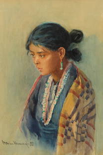Marion Kavanagh Wachtel (1870-1954), Young Native American woman: Marion Kavanagh Wachtel (1870-1954) Young Native American woman Watercolor on paper Signed and with the artist's device in the lower left corner: Marion Kavanagh Sight: 12.5" H x 8.25" W Provenance: