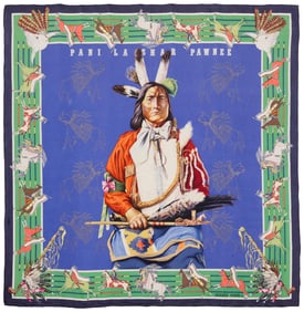 A framed vintage Hermes "Pani La Shar Pawnee" Carre silk scarf