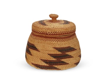 A polychrome Hupa/Yurok/Karuk lidded basket