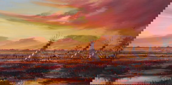 Hulan Fleming (b. 1933), Teepees in a landscape at sunset, 2002