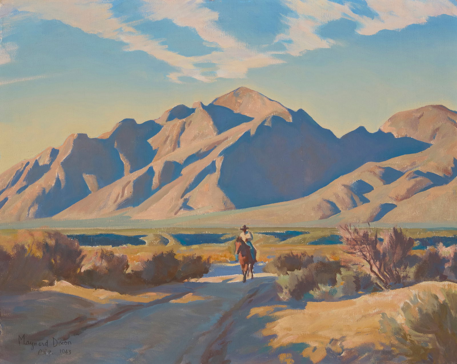 Maynard Dixon (1875-1946), "Road to the Mountains (Santa Catalina Range)," 1943: Maynard Dixon(1875-1946)"Road to the Mountains (Santa Catalina Range)," 1943Oil on canvas laid to artist's boardSigned, dated, and inscribed lower left: Maynard Dixon / Ariz. 1943; signed ag