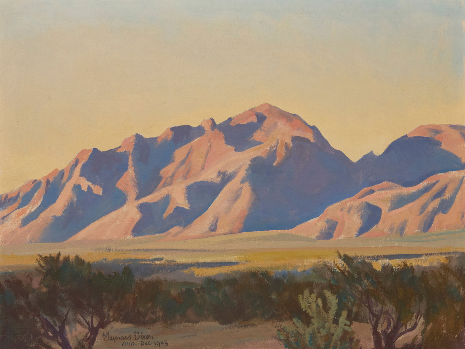 Maynard Dixon (1875-1946), "Catalinas at Sundown" (Arizona), 1943: Maynard Dixon(1875-1946)"Catalinas at Sundown" (Arizona), 1943Oil on canvas laid to artist's boardSigned, dated, and inscribed along the lower edge, at left: Maynard Dixon / Ariz Dec 1943; t