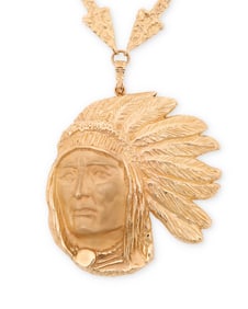 A James Hutchinson 14k gold Sitting Bull portrait medallion pendant necklace