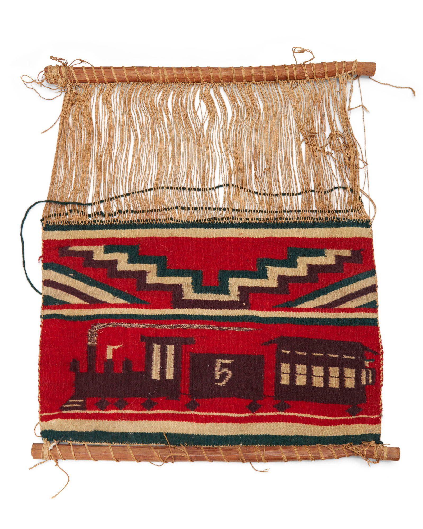 A Navajo Germantown pictorial loomer: A Navajo Germantown pictorial loomerLate 19th century, DineWoven in red, cream, green, purple, and variegated wool, depicting a train locomotive and train cars, with a stepped motif band above, and wi