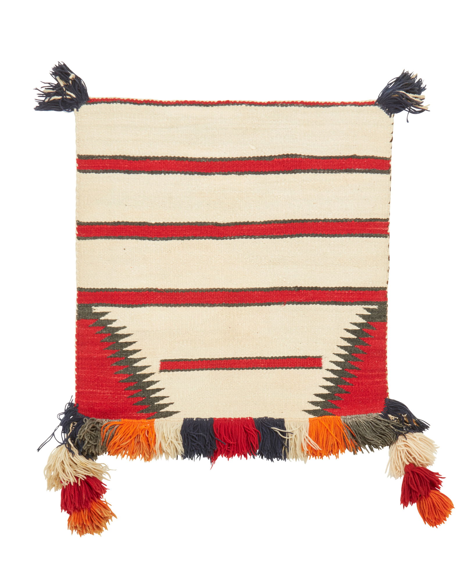 A Navajo "Sunday" saddle blanket: A Navajo "Sunday" saddle blanketEarly 20th century, DineWoven in cream, red, and grey wool with red banding and serrated corner motifs, featuring multicolored yarn "Sunday saddle"