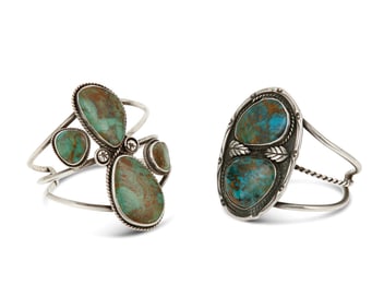 Two Southwest sterling silver and turquoise cuff bracelets