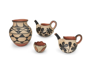 A group of Santo Domingo Pueblo polychrome pottery vessels