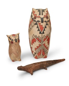 Two Jemez Pueblo pottery owls and a pottery lizard ocarina