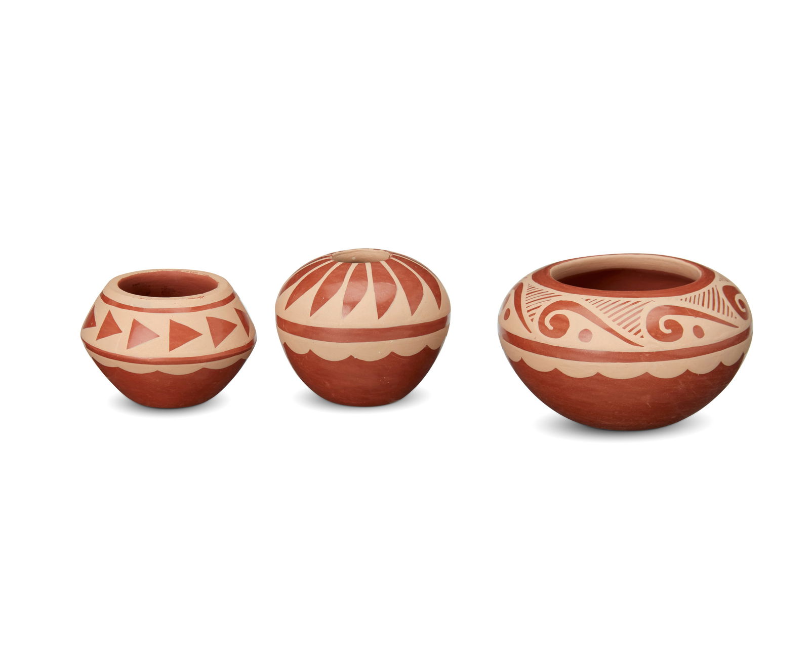 Caroline Loretto (b.1953, Jemez Pueblo), Three redware pottery seed pots, early 21st century (1 of 7)