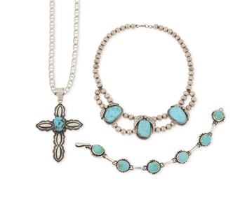 A group of Southwest-style silver and turquoise jewelry