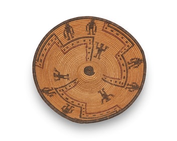 A polychrome Apache pictorial basketry tray