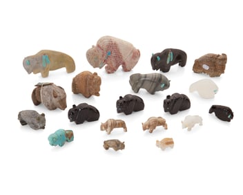 A group of Zuni carved stone buffalo fetish figures