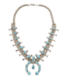 A Navajo sterling silver and turquoise squash blossom necklace