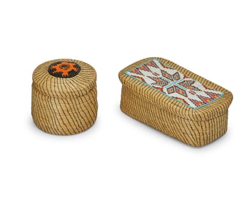 Two Great Lakes lidded sweetgrass baskets with beadwork