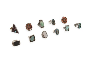 A group of Southwest silver and set stone rings
