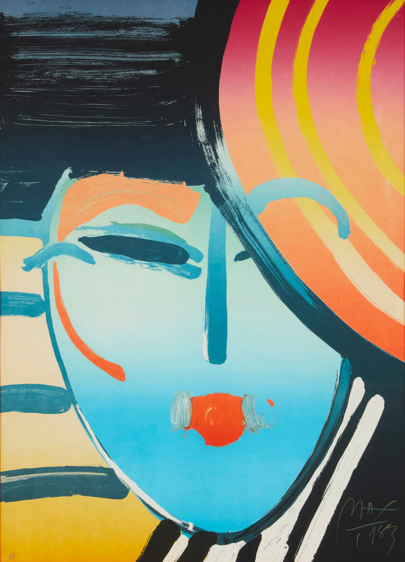 Peter Max (b. 1937), "Deco Lady," 1983: Peter Max(b. 1937)"Deco Lady," 1983Lithograph in colors on paperEdition: A/P (an artist's proof; there was also a numbered edition of 75)Signed and dated lower right: Max / 1983; numbered in