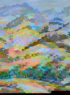 Mher Abeghyan (1909-1994), "Green Mountains," 1969: Mher Abeghyan(1909-1994)"Green Mountains," 1969Oil on canvasSigned in Armenian and dated lower left: M. Abeghyan 1969; signed and dated again, and titled, all in Russian, verso32.5" H x