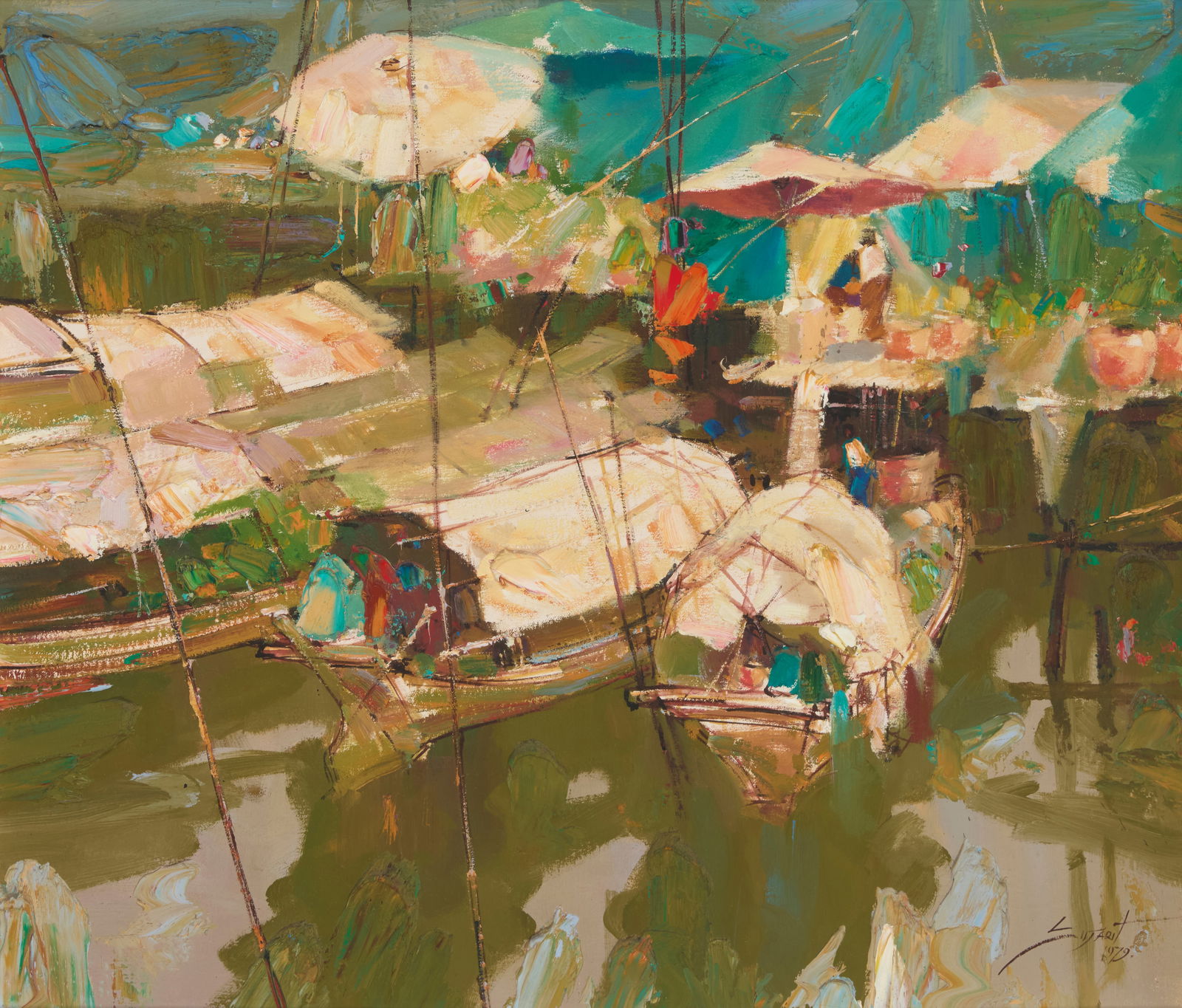 Sujarit Hirankul (1946-1982), Siam 1979: Sujarit Hirankul(1946-1982)Siam 1979Oil on canvasSigned and dated lower right: Sujarit 1979; signed and dated again, titled, and inscribed in Thai, all verso24" H x 28" W Provenance:So