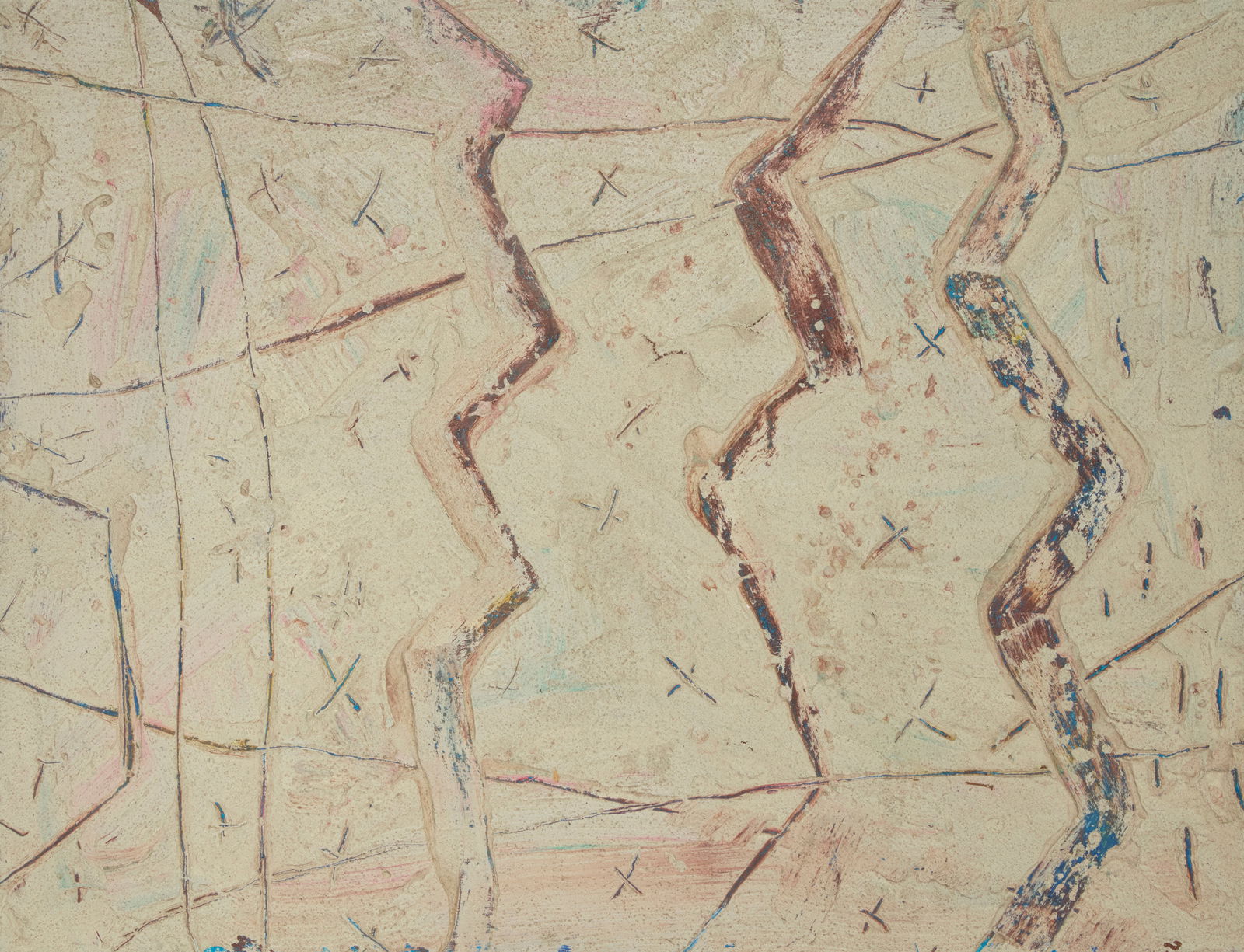 Jay Milder (b. 1934), "Ladder," 1980: Jay Milder(b. 1934)"Ladder," 1980Rhoplex, leaves, perolite, and raw pigment on canvasSigned and dated verso: Jay Milder / 1980; titled and dated on a label affixed versoSight: 51.625" H