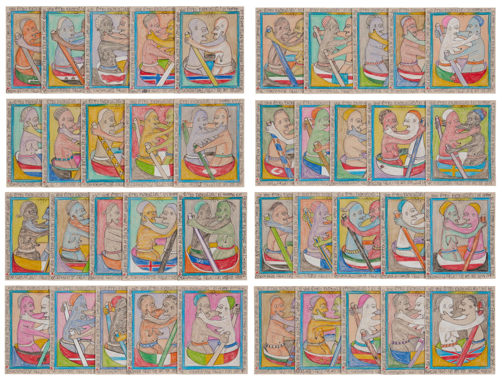 Frederic Bruly Bouabre (1923-2014), "Qui vous invitera au jeu de l'amour quand vous 'tes en: Frederic Bruly Bouabre(1923-2014)"Qui vous invitera au jeu de l'amour quand vous 'tes en endeuilles!," 2005Each: Ink, colored crayon, and pencil on heavy cardstockEach signed and dated in in