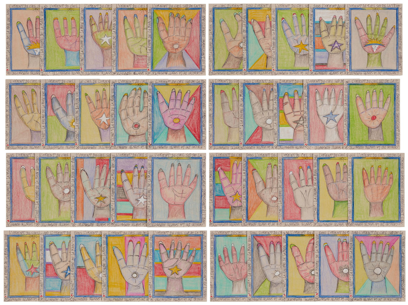 Frederic Bruly Bouabre (1923-2014), "T'che la Palme de la main," 2007: Frederic Bruly Bouabre(1923-2014)"T'che la Palme de la main," 2007Each: Ink, colored crayon, and pencil on heavy cardstockEach signed and dated in ink, verso: FB Bouabre / 14-8-2007; titled