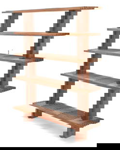A Modern slatted wood bookcase: A Modern slatted wood bookcaseMid-20th centuryThe five-tiered shelf, each level with medial open slatsOverall: 70.5" H x 57.25" W x 13.75" D