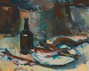 Sergei Bongart (1918-1985), Still life with fish and wine bottle