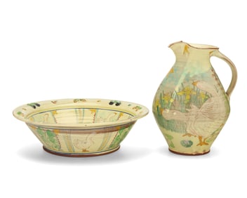 Maureen Minchin (b. 1954), A pottery pitcher and fruit bowl, late 20th/early21st century