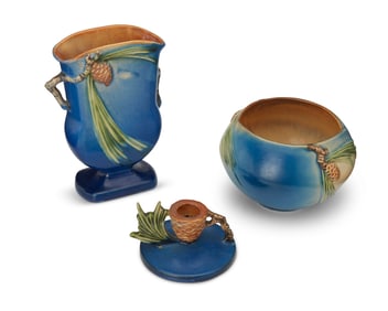 Three Roseville pottery "Blue Pinecone" items