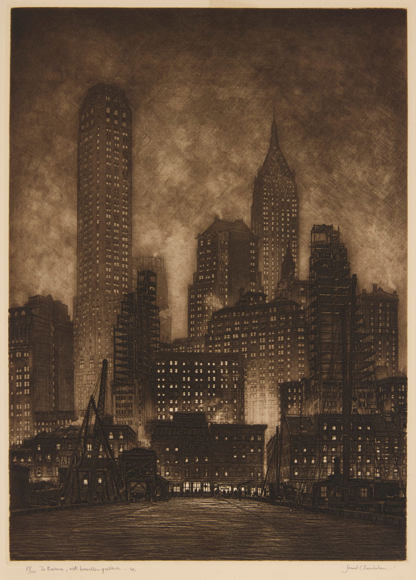 Samuel Chamberlain (1895-1975), "Manhattan Twilight," 1932: Samuel Chamberlain(1895-1975)"Manhattan Twilight," 1932Etching and mezzotint in brownish-black ink on wove paperEdition: 37/100Signed, numbered, and inscribed in pencil in the lower margin: