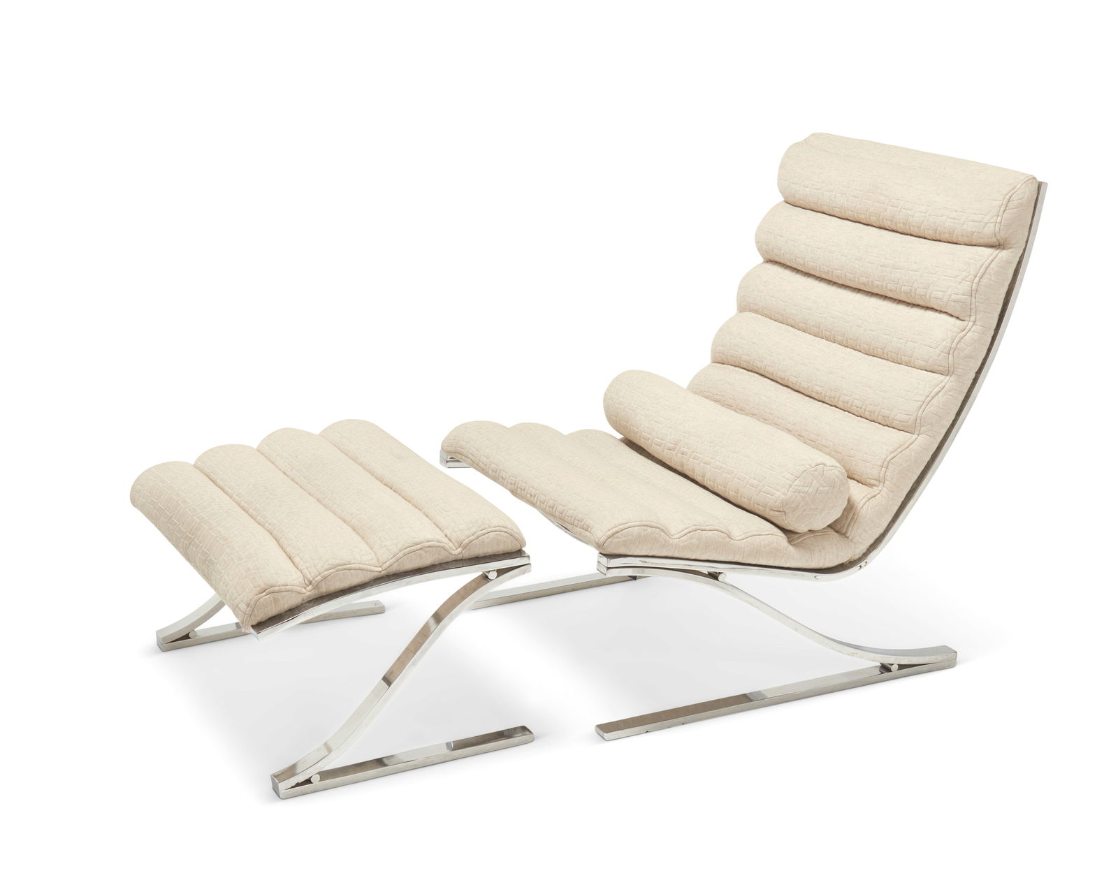 A DIA Modern lounge chair and ottoman: A DIA Modern lounge chair and ottoman1984Marked and dated to applied foil label: Design Institute America, Inc. / 93770The chromed metal cantilevered frame with a textured and lobed upholstered scoop