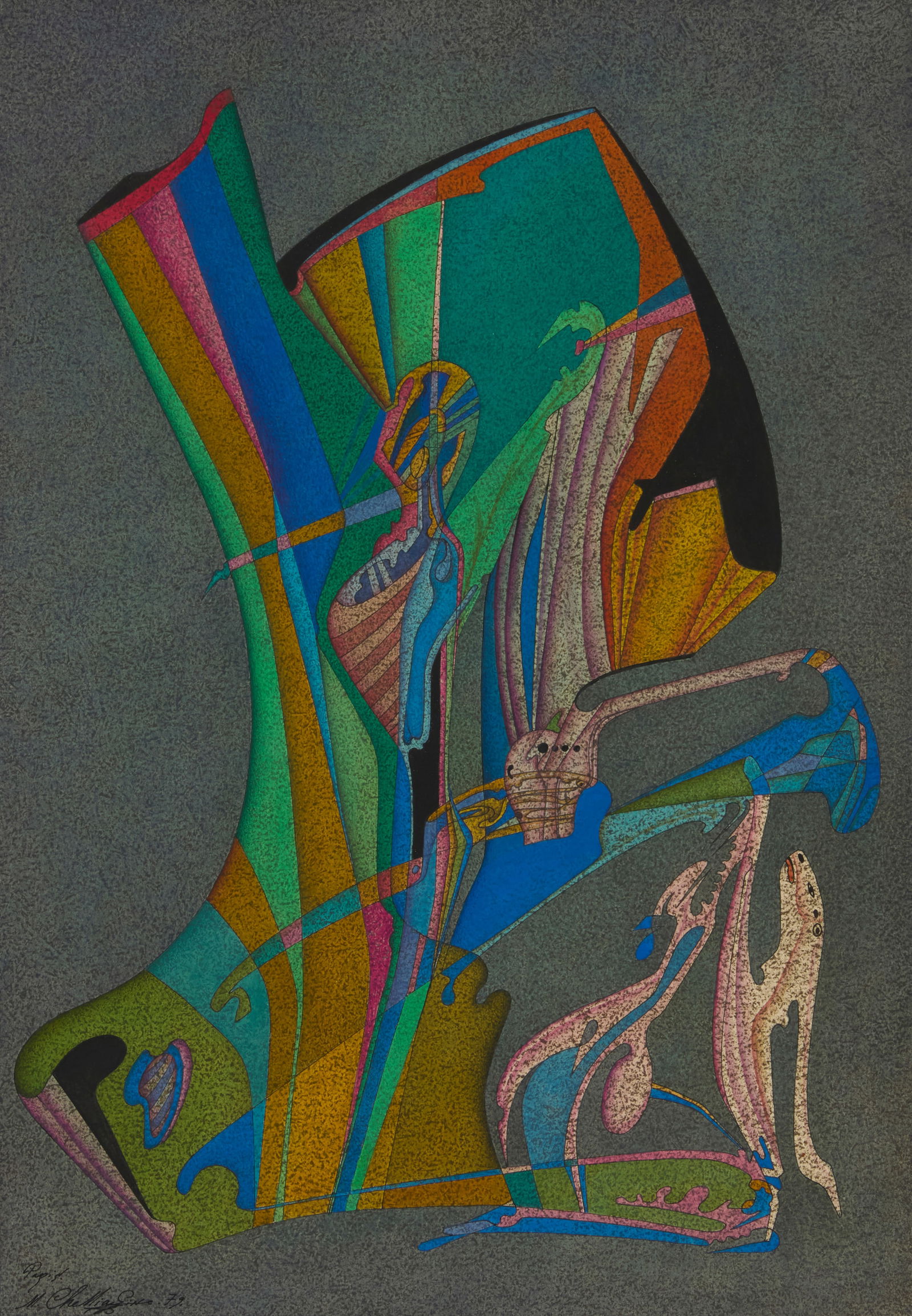 Mihail Chemiakin (b. 1943), Untitled, 1979: Mihail Chemiakin(b. 1943)Untitled, 1979Gouache, watercolor, and ink on paperSigned, dated, and inscribed in ink lower left: Paris / M. Chemiakin. 79.Sheet: 23.5" H x 16.75" W Provenance: