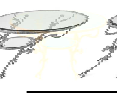 In the manner of Alberto Giacometti (1901-1966), A Modern wrought metal occasional table, late: In the manner of Alberto Giacometti (1901-1966)A Modern wrought metal occasional table, late 20th/early 21st centuryUnmarkedThe silvered metal table with glass top and undershelf, raised on four biomo